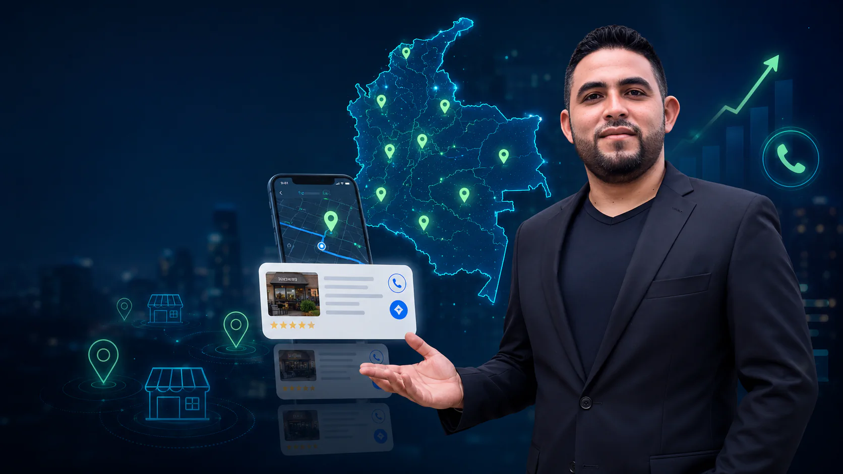 Mappa locale con pin di attività commerciali — visibilità SEO locale Google Maps